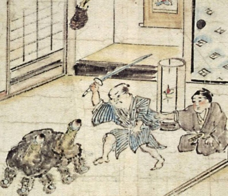 May include: A black and white illustration depicting two people, one holding a sword and the other seated on the floor. A turtle-like creature is in the foreground.
