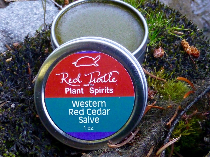 May include: A small tin of Western Red Cedar Salve, labeled "Red Turtle and the Plant Spirits". The salve is a deep green color and the tin is silver with a red, green, and purple label.