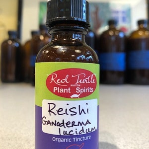 May include: A brown glass bottle with a dropper top and a purple and green label. The label reads "Red Turtle and the Plant Spirits Reishi Ganoderma lucidum Organic Tincture 30 ML/1 FLUID OZ."