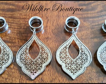 Pair Gunmetal Grey Elegant Filigree Dangle Stainless Steel Ear Tunnels Plugs Stretchers 6mm-25mm
