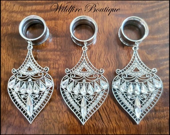 Pair Gunmetal Grey Elegant Filigree Dangle Stainless Steel Ear Tunnels Plugs Stretchers 6mm-25mm
