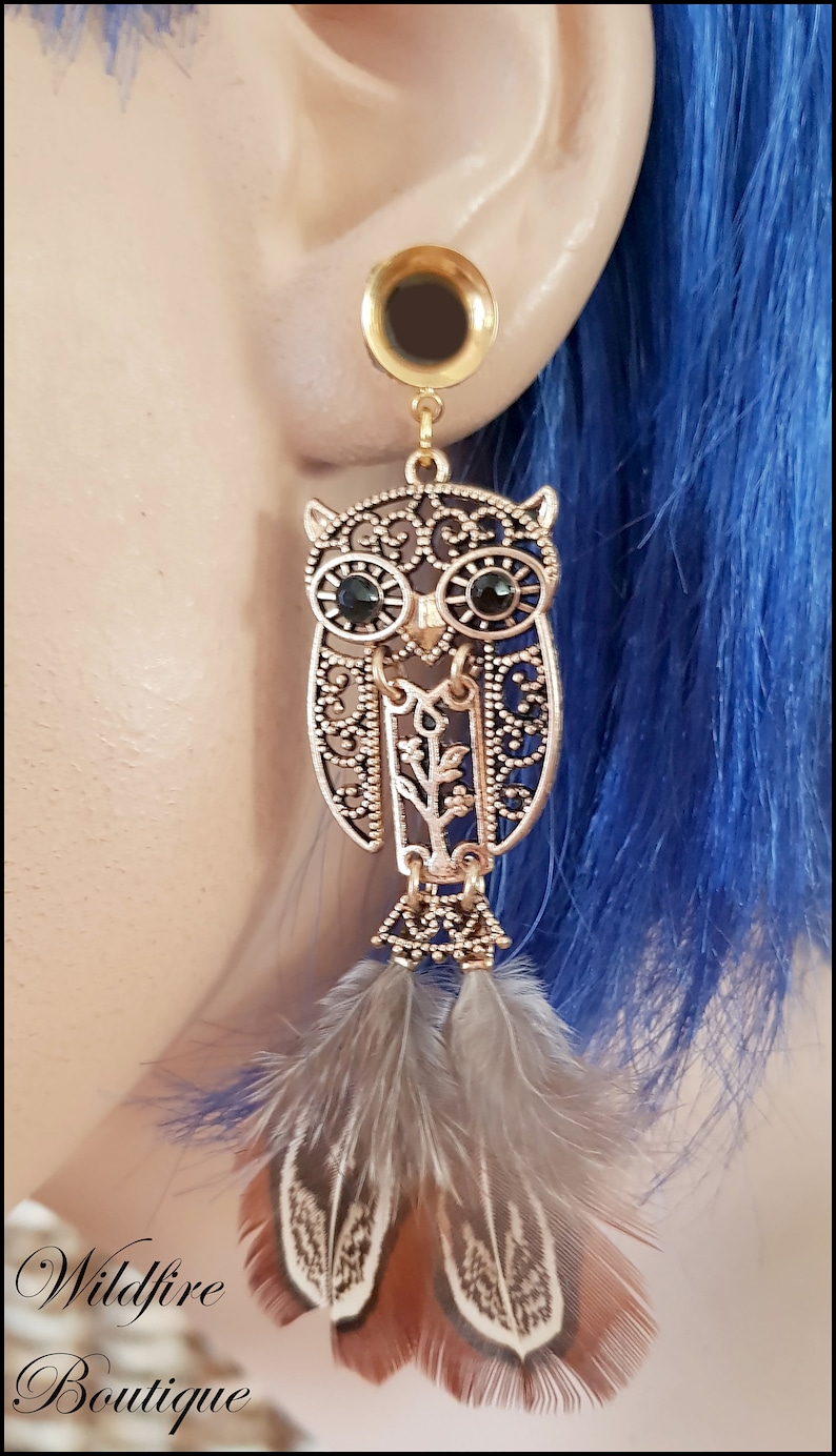 Pair Glamour Gold Owl /& Feather Dangle Stainless Steel Ear Tunnels Plugs Stretchers 6mm-25mm
