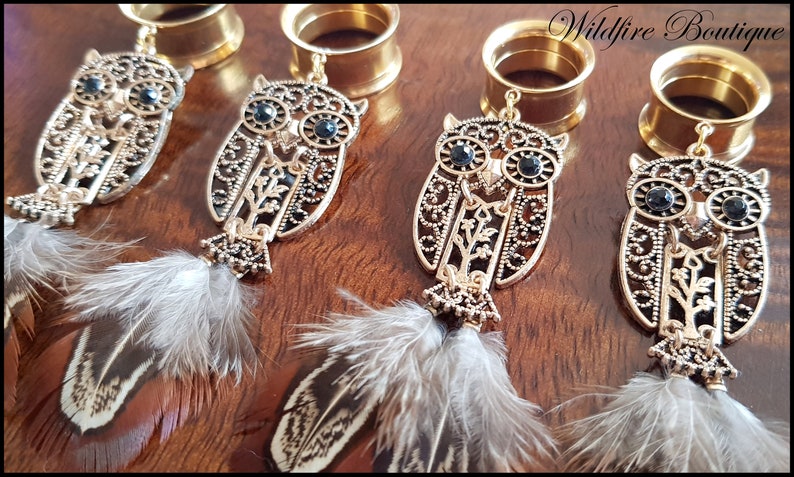 Pair Glamour Gold Owl /& Feather Dangle Stainless Steel Ear Tunnels Plugs Stretchers 6mm-25mm