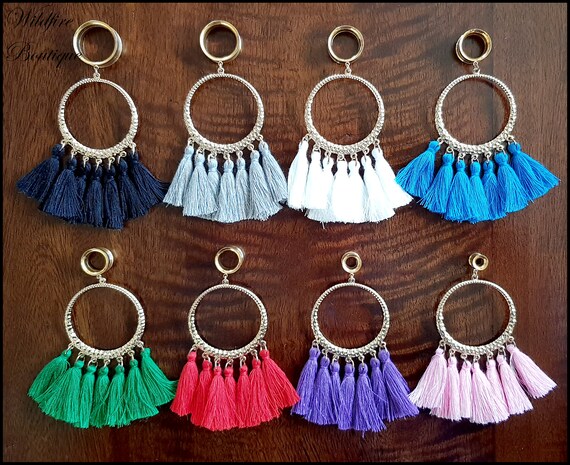 Pair 8 Colours Boho Gold Tassel Dangle Stainless Steel Ear Tunnels Plugs 6-20mm