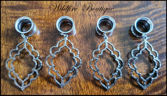 Pair Gunmetal Grey Elegant Filigree Dangle Stainless Steel Ear Tunnels Plugs Stretchers 6mm-25mm