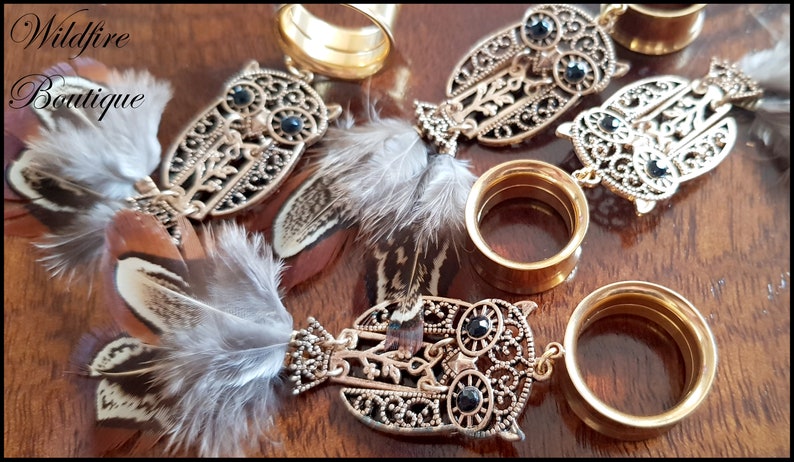 Pair Glamour Gold Owl /& Feather Dangle Stainless Steel Ear Tunnels Plugs Stretchers 6mm-25mm