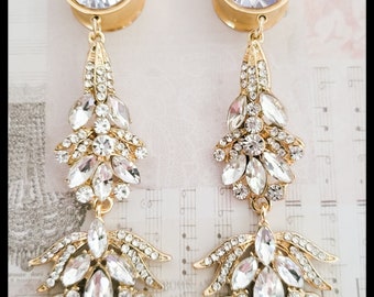 Pair Super Glam Gold Crystal Vintage Art Nouveau Dangle on Crystal Filled Ear Tunnels Gauges 6mm-25mm