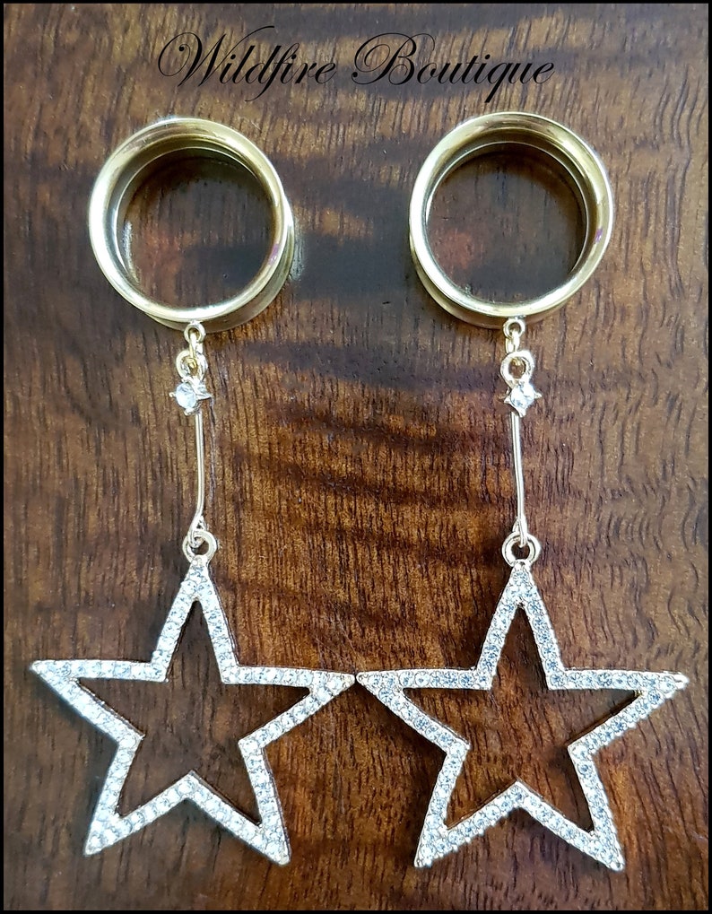Pair Stainless Steel Sparkly Silver Crystal Star Dangle Ear Tunnels Plug 6-30mm