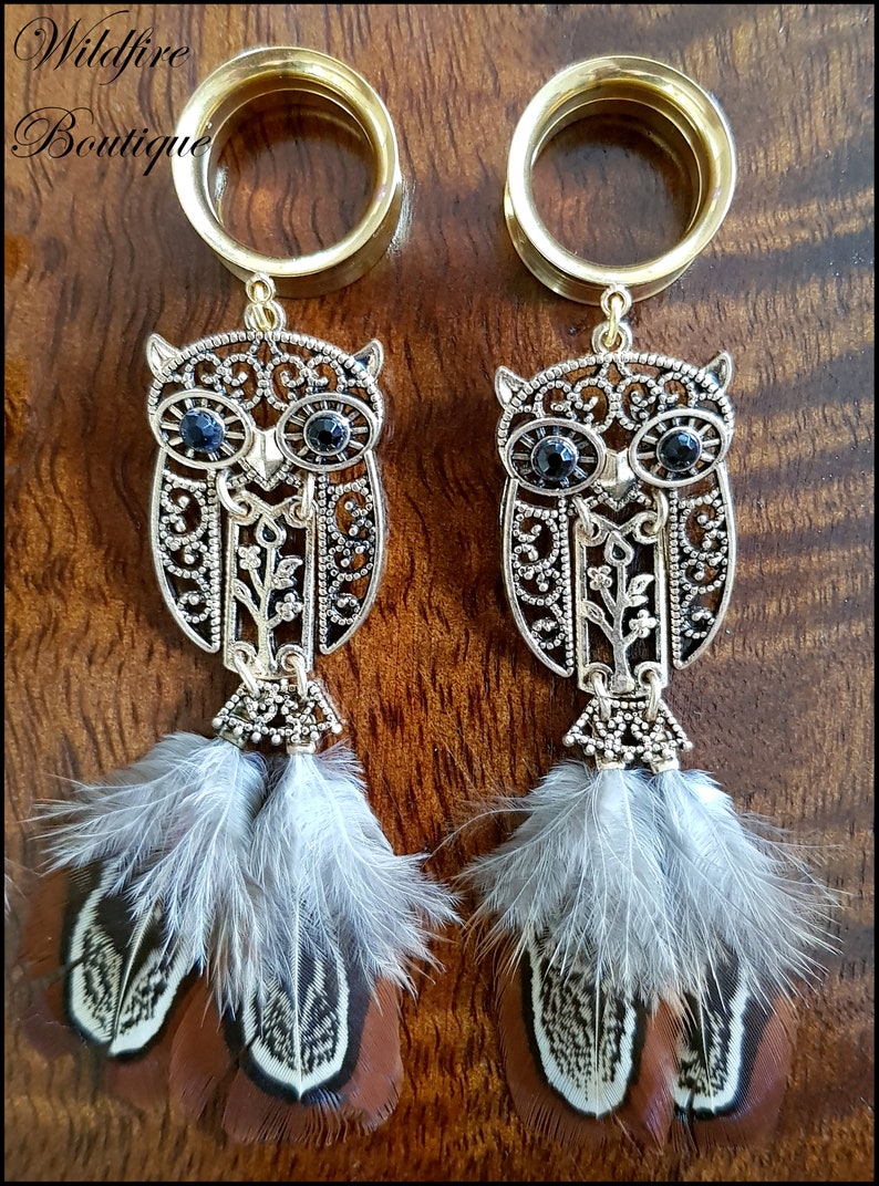 Pair Glamour Gold Owl /& Feather Dangle Stainless Steel Ear Tunnels Plugs Stretchers 6mm-25mm