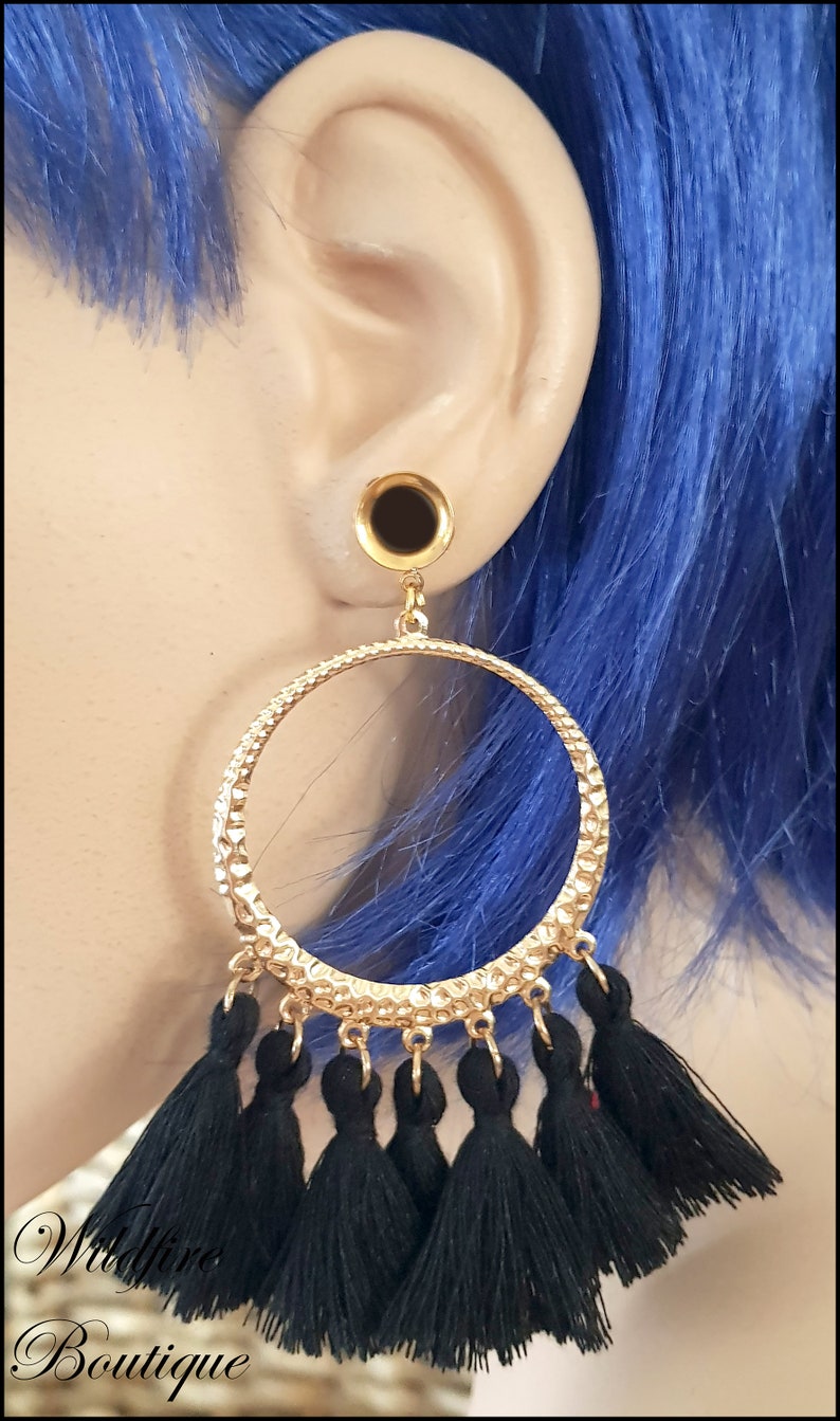 Pair 8 Colours Boho Gold Tassel Dangle Stainless Steel Ear Tunnels Plugs 6-20mm