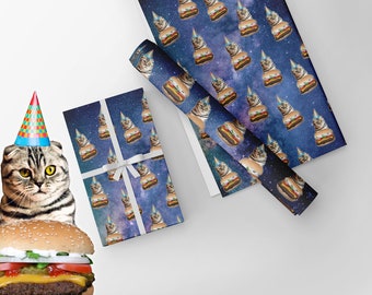 Cat Wrapping Paper, Cheeseburger Loving Cats in Birthday Hats in Space - Cat Lover - Cheeseburger Lover