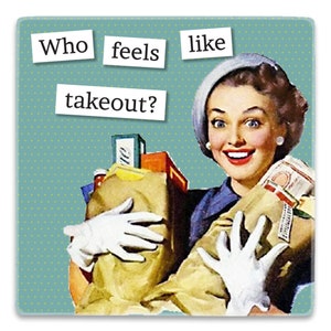 Funny Retro Sassy 50&#39;S Shopping Housewife Takeout |  Acrylic Square Magnet 2.5x2.5