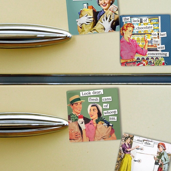 Funny Retro, 50s Housewife, Shopping Theme, 4 Pack Fridge Metal Magnets, 2x2