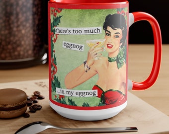 Grappige kerstmok | Retro vrouw, teveel eierpunch | Tweekleurige koffiemok van 15 oz