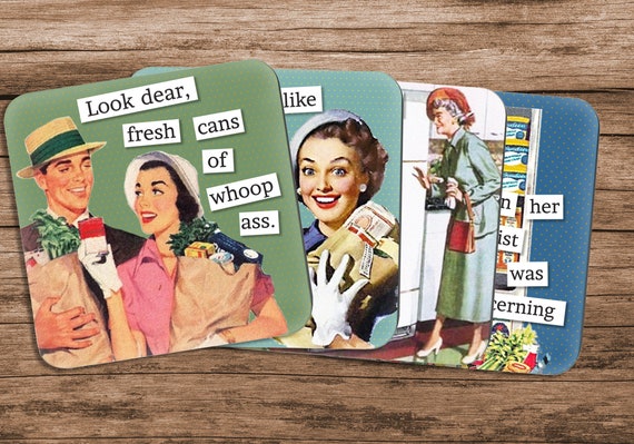 Funny Retro |  Vintage Shopping Theme Coaster Set | Vintage Illustrations | 4 Different Designs