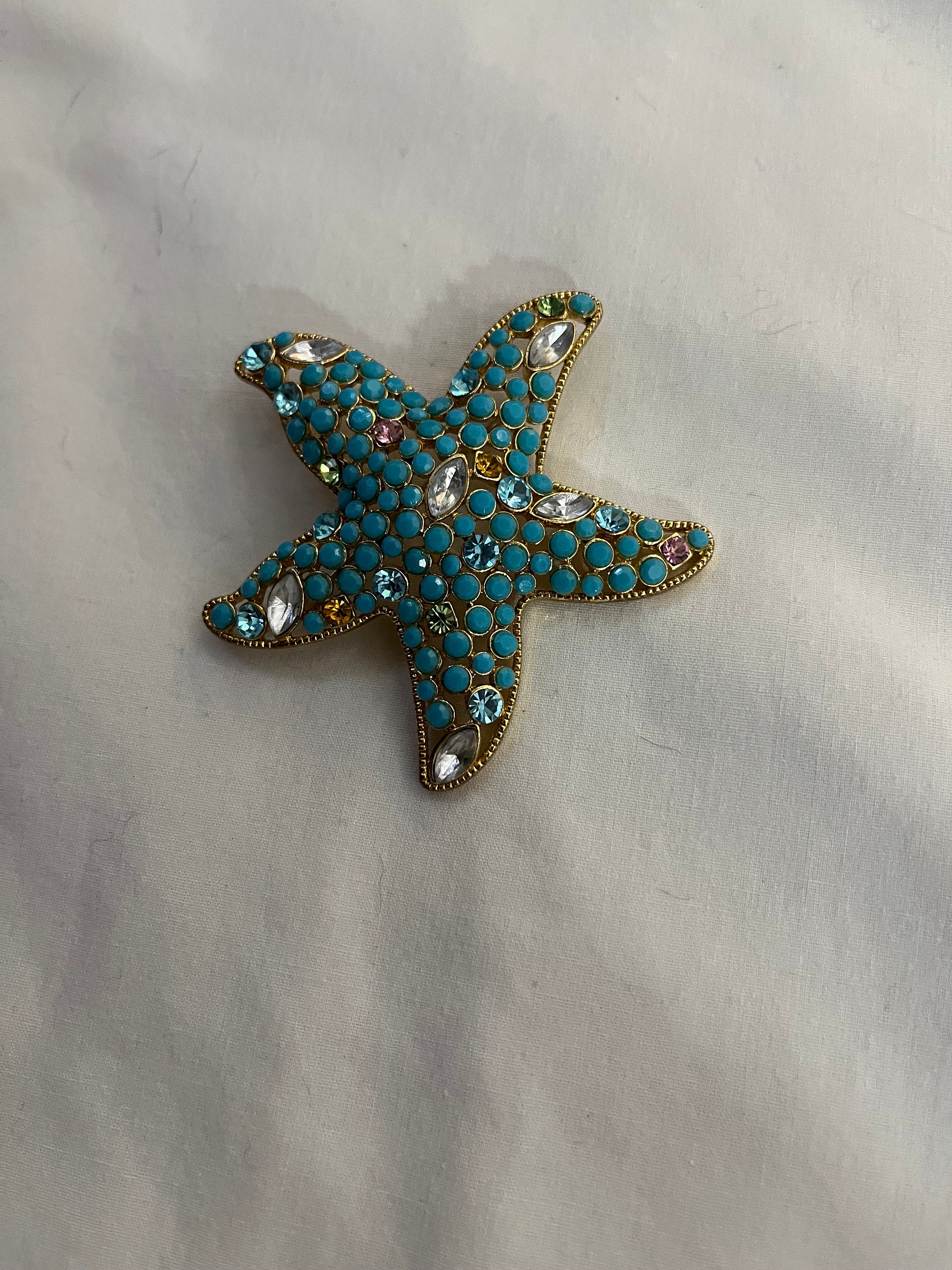 Broche Vintage étoile De Mer Strass Doré - Années 80/90, Alliage, Occasion