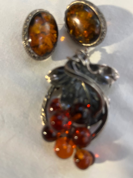 Vintage Amber Brooch and pierced earrings - image 1