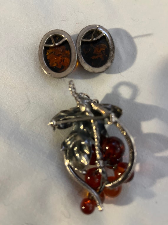 Vintage Amber Brooch and pierced earrings - image 4