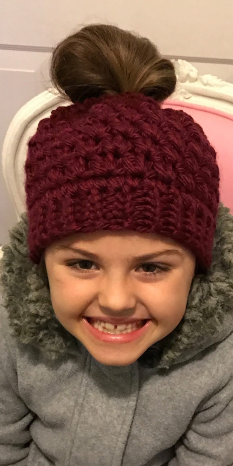 Crochet Maroon Burgundy Pinot Wine Color Ponytail Beanie Messy Bun Hat Runner Jogging Hat Skiing Hat Girl Teen Woman Winter Snow Gift