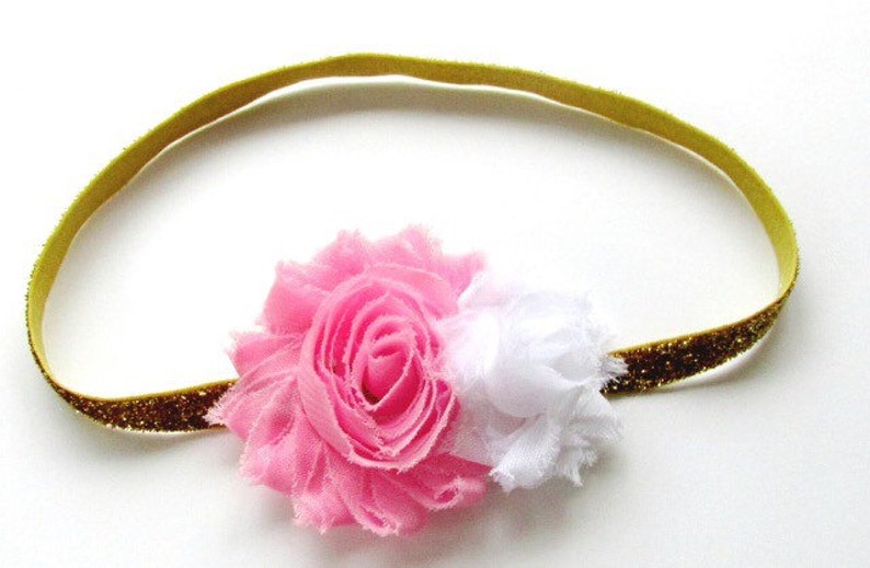 Girls Headband Gold Glitter Elastic Pink White Shabby Chic Flower Vintage Wedding Flower Girl First Birthday Party Cake Smash Photo Session