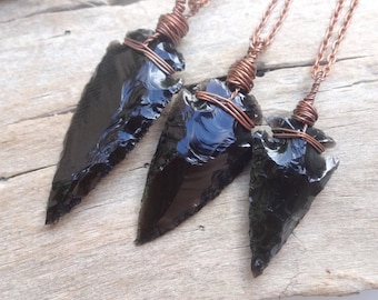 Black Obsidian arrowhead pendant, wire wrap necklace, mens arrow pendant, big size arrow Obsidian