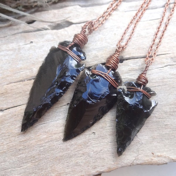 Schwarzer Obsidian Pfeilspitzen Anhänger, Wire Wrap Schutz Halskette, Herren Schutz Pfeil Anhänger, Obsidian Pfeilspitze, große Pfeilspitze