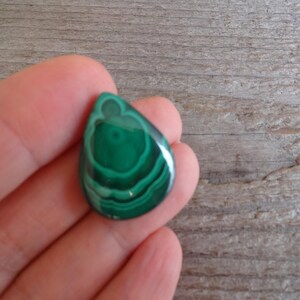 K&ouml;nnte beinhalten: Ein tropfenf&ouml;rmiger gr&uuml;ner Malachit-Edelstein mit konzentrischen Ringen aus dunklerem Gr&uuml;n.