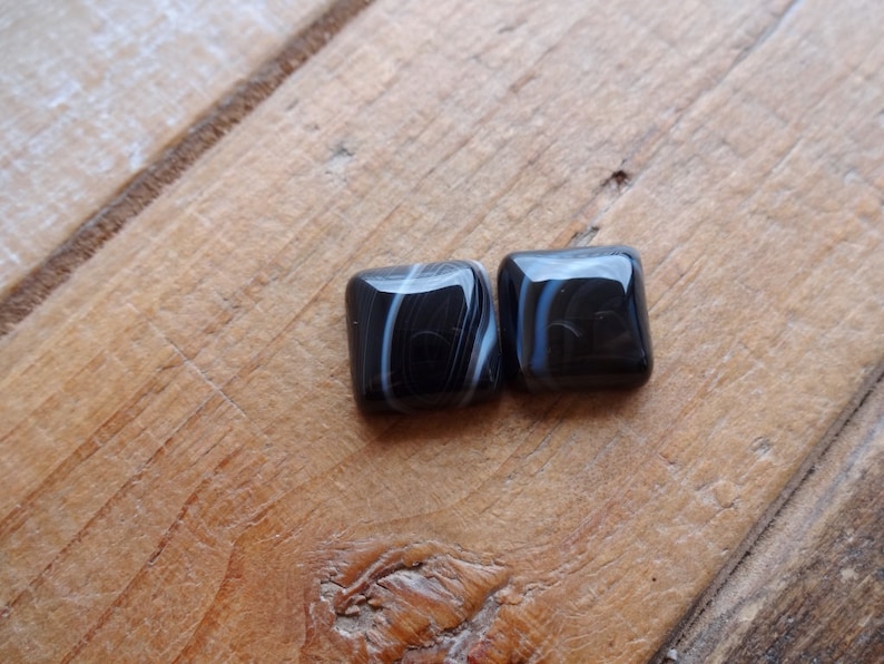 Pair Black Banded Agate cabochons 11x11mm