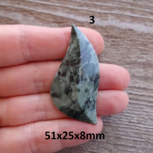Puede incluir: Un colgante de piedra en forma de hoja, de color verde y negro, que mide 51x25x8mm. La piedra tiene un patr&oacute;n moteado y est&aacute; pulida.