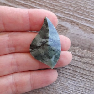 Puede incluir: Un cabuj&oacute;n de piedra verde y gris con una forma &uacute;nica en forma de hoja. La piedra tiene un patr&oacute;n de remolino de verde oscuro y claro.