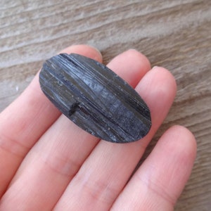 May include: A black, oval-shaped piece of black tourmaline, a type of gemstone, is held in a hand.