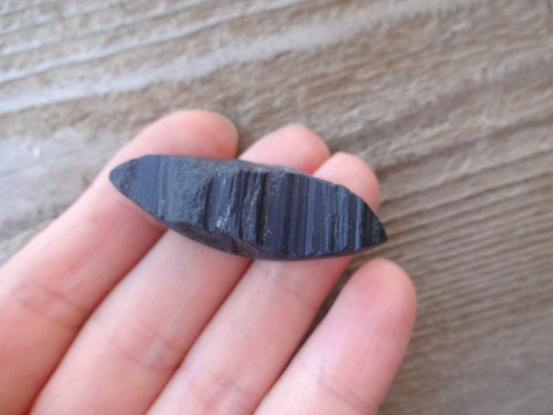May include: A black, smooth, and slightly curved stone with a striated pattern. The stone is about 3 inches long and 1 inch wide.