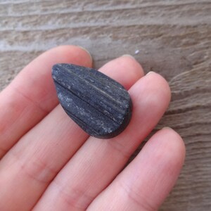 May include: A black teardrop-shaped stone with a striated surface.