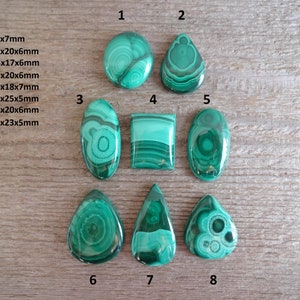 K&ouml;nnte beinhalten: Acht polierte Malachit-Cabochons in verschiedenen Formen und Gr&ouml;&szlig;en, darunter rund, oval und tropfenf&ouml;rmig. Die Cabochons sind in einem leuchtenden Gr&uuml;n mit komplizierten Mustern aus dunklerem Gr&uuml;n und Schwarz.