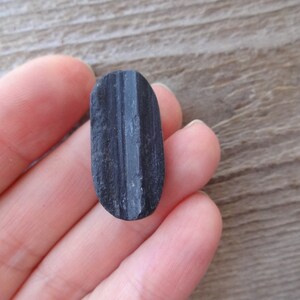 May include: A black oval-shaped stone with a thin, white line running down the center.