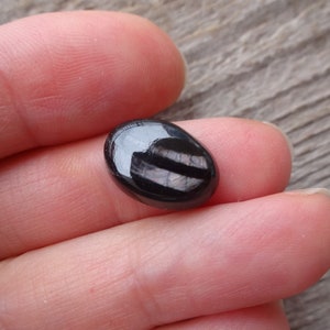 May include: A black oval cabochon gemstone with iridescent stripes. The gemstone is polished and has a smooth, shiny surface.