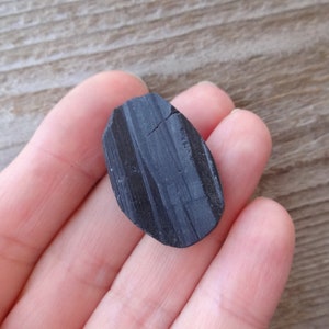 May include: A black, oval-shaped, striated stone with a rough texture.