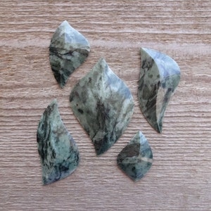 Puede incluir: Cinco formas de hojas de piedra marmoleada verde y negra, cada una con una forma &uacute;nica ligeramente curvada.