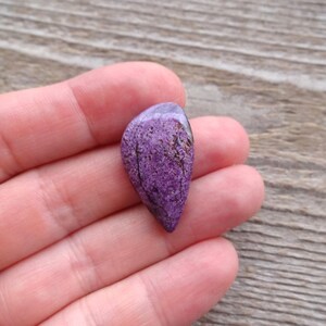 May include: A purple and silver gemstone cabochon with a teardrop shape. The gemstone has a unique pattern of veins and inclusions.
