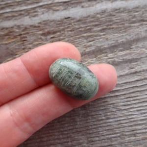 K&ouml;nnte beinhalten: Ein glatter, ovaler gr&uuml;ner Edelstein mit einem gestreiften Muster. Der Stein wird in einer Hand gehalten.