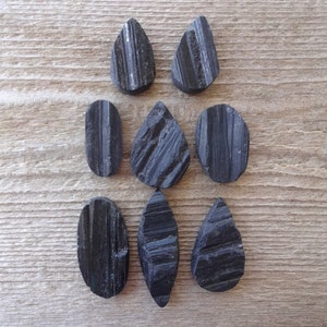 May include: Eight black, smooth, teardrop-shaped and oval-shaped stones with striations.