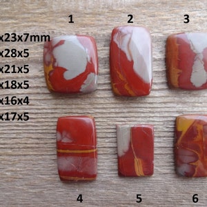 May include: Six polished red, white, and yellow jasper cabochons, each with a unique pattern. The cabochons are numbered 1 through 6, and their dimensions are listed below each number. #1-24x23x7mm #2-30x28x5 #3-25x21x5 #4-29x18x5 #5-23x16x4 #6-27x17x5