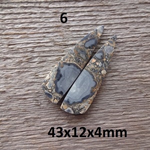 Puede incluir: Dos piezas alargadas de piedras preciosas con un patr&oacute;n veteado en tonos grises, marrones y beige. Las piezas miden aproximadamente 43 x 12 x 4 mm. El n&uacute;mero "6" y las dimensiones est&aacute;n impresos en la imagen.