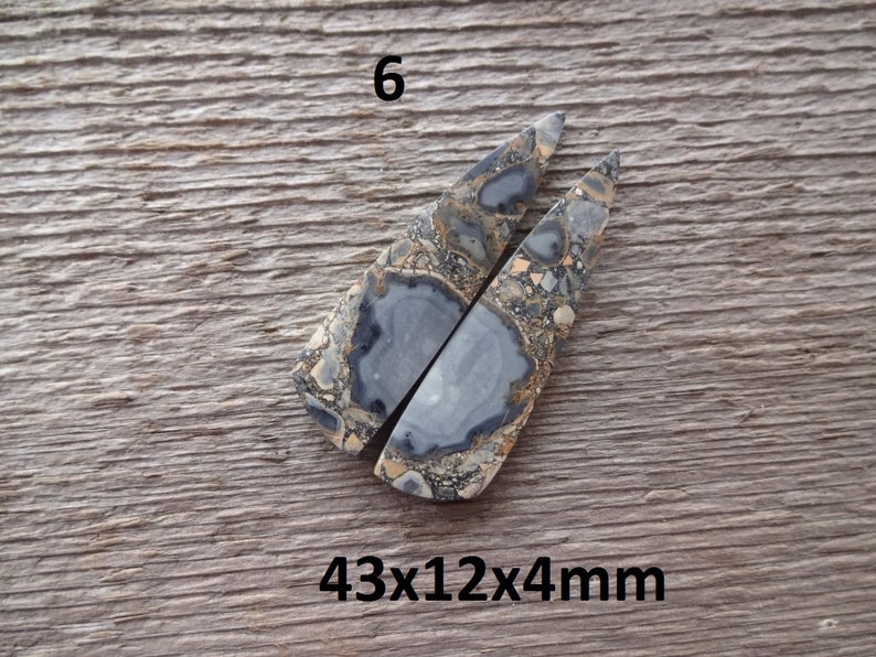 Puede incluir: Dos piezas alargadas de piedras preciosas con un patr&oacute;n veteado en tonos grises, marrones y beige. Las piezas miden aproximadamente 43 x 12 x 4 mm. El n&uacute;mero "6" y las dimensiones est&aacute;n impresos en la imagen.