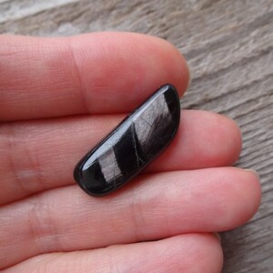 May include: A black and silver striped cabochon gemstone with a smooth, polished surface.