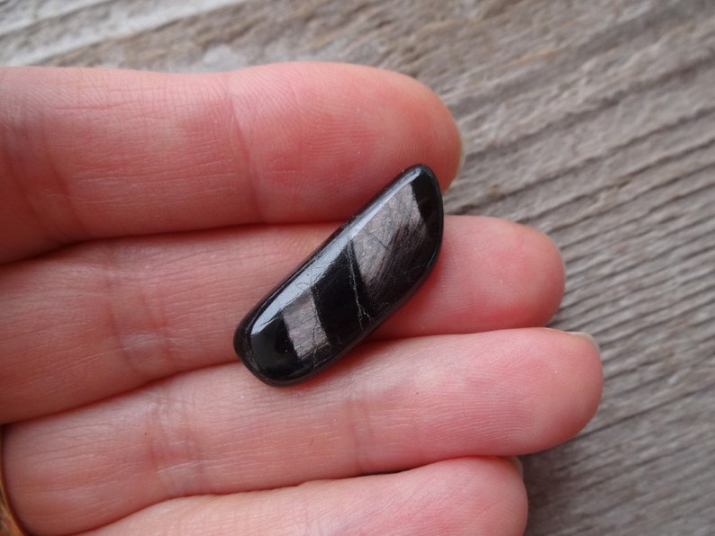 May include: A black and silver striped cabochon gemstone with a smooth, polished surface.