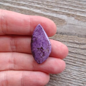 May include: A purple and brown gemstone cabochon with a teardrop shape. The gemstone is set in a silver bezel.