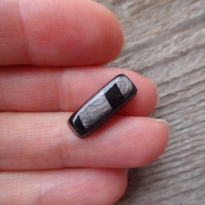 May include: A black and silver rectangular cabochon with a striated pattern. The cabochon is approximately 1 inch long.