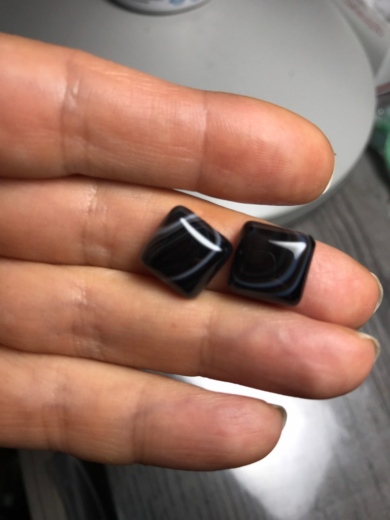 Pair Black Banded Agate cabochons 11x11mm
