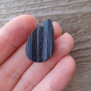 May include: A black teardrop-shaped stone with striations on the surface.